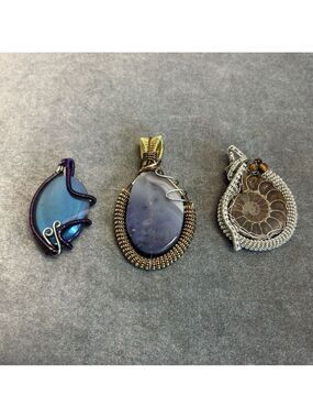 handmade wire-wrapped gemstone pendants blue agate purple agate ammonite fossil